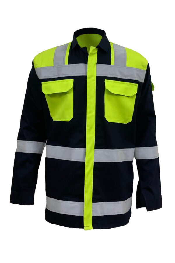 High-Visibility Lime-Green color Work Jacket for Men with Reflecting Tape with 2 pockets in front and 2 pockets on shoulder