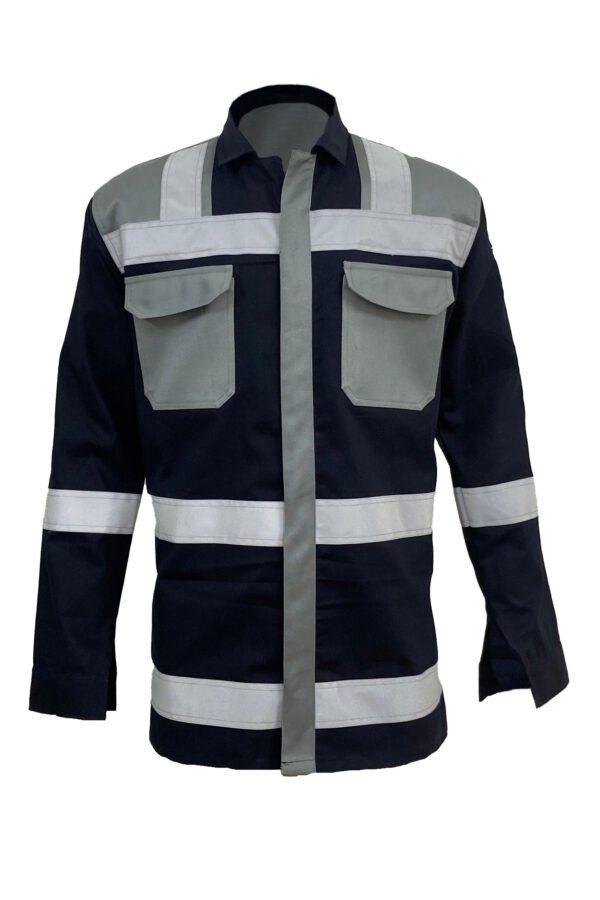 High-Visibility Grey color Work Jacket for Men with Reflecting Tape with 2 pockets in front and 2 pockets on shoulder