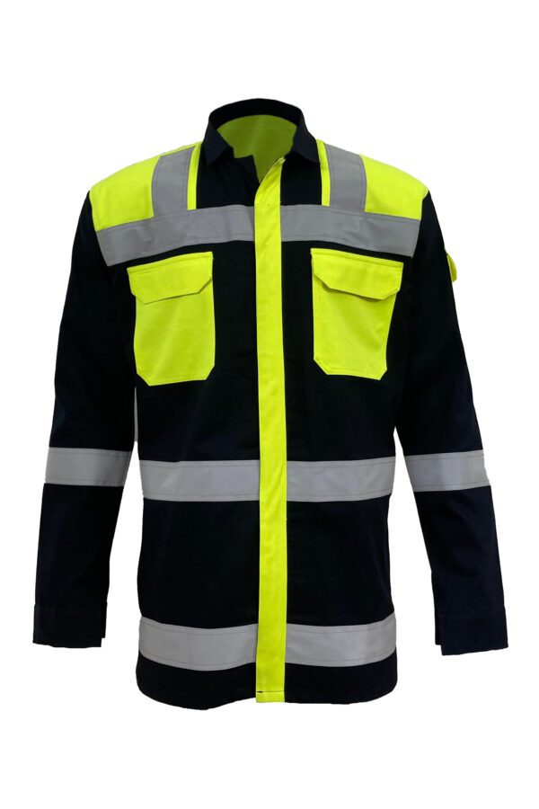 High-Visibility Yellow color Work Jacket for Men with Reflecting Tape with 2 pockets in front and 2 pockets on shoulder