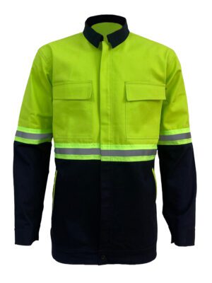 High-Visibility Green & Blue Color Work Safety Jacket for Men With Reflecting Tape