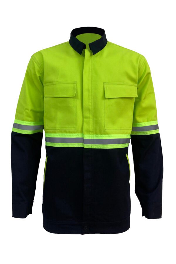 High-Visibility Green & Blue Color Work Safety Jacket for Men With Reflecting Tape