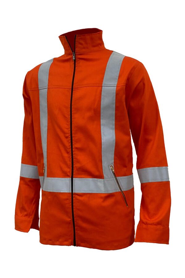 High-Visibility Orange Color Work Safety Jacket for Men With Reflecting Tape | 2 Side Zipper Pockets