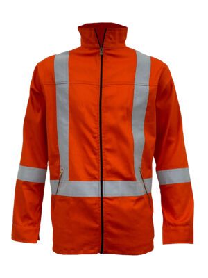 High-Visibility Orange Color Work Safety Jacket for Men With Reflecting Tape | 2 Side Zipper Pockets