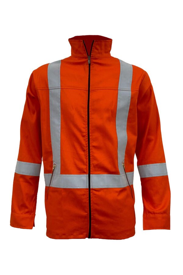 High-Visibility Orange Color Work Safety Jacket for Men With Reflecting Tape | 2 Side Zipper Pockets