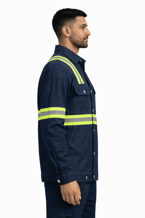 Saasha Garments Navy Blue Industrial Denim Jacket With Reflector