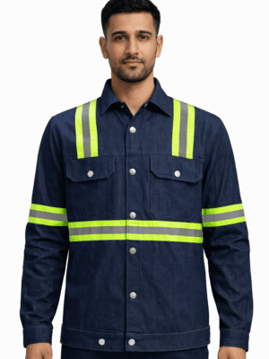 Saasha Garments Navy Blue Industrial Denim Jacket With Reflector