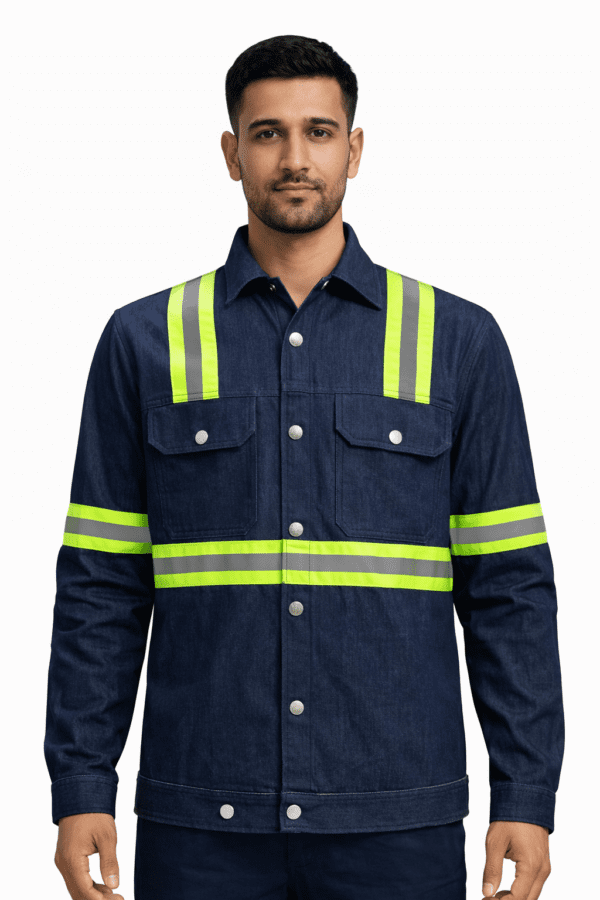 Saasha Garments Navy Blue Industrial Denim Jacket With Reflector