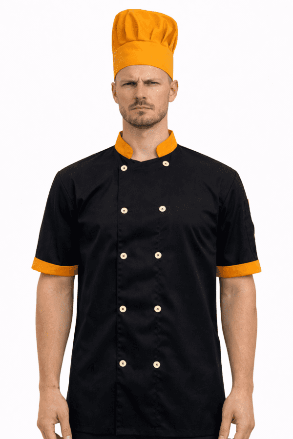 Black Half Sleeve Chef Coat With Yellow Piping